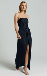 Hathaway Maxi Dress - Strapless Straight Neck Twist Front Split in Navy